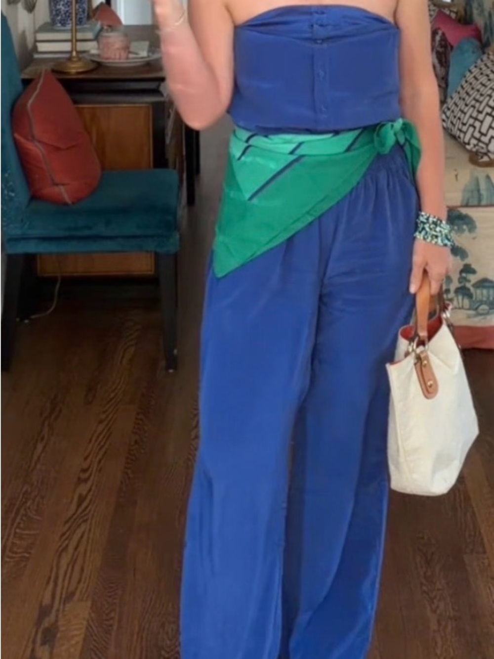 Matty M 100% Silk Strapless Cobalt Blue Jumpsuit Romper Wide Leg Size M